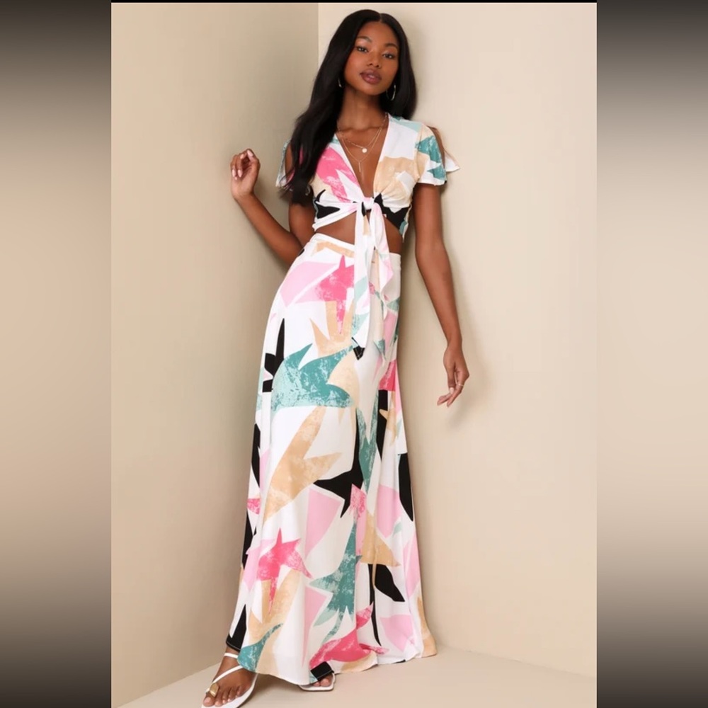 Lulus Two-Piece Tie-Front Top and Maxi Skirt Set